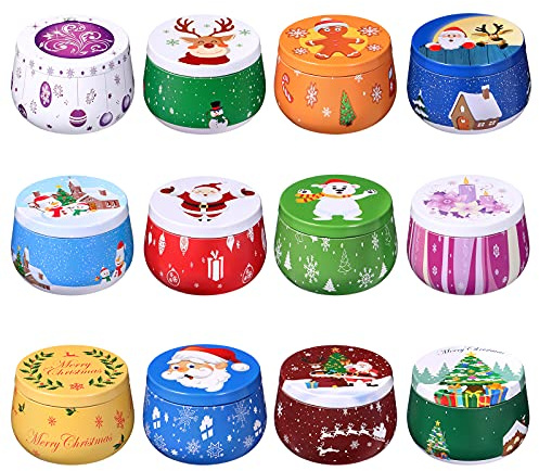 12 Pack Christmas Candle Tin Jars, 8 oz Christmas Candle Making Tin Jars, Round Empty Metal Storage Container with Lids for Dry Storage Spices, Sweets, Favours, Wedding and Gifts, Xmas Tinplate Pots
