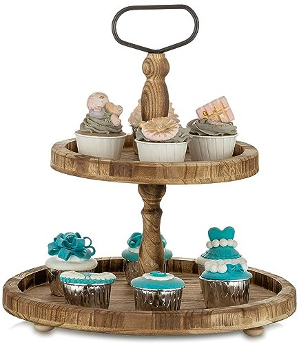 Nuptio 2 Tiered Tray Wooden Cake Stand Afternoon Tea Stands, Rustic Cake Stands Farmhouse Tray Stand Round Sweet Stand with Metal Handle for Wedding Birthday Christmas Halloween Party, Light Brown