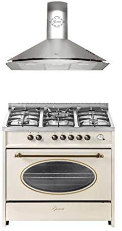 GURARI Herdset GCH E 914 Cr r + GCH C 046 IS 9, Retro Induktions Standherd 90 cm, Range Coocker, 121 L, Creme + Dunstabzugshaube, Wandhaube 90 cm, Edelstahl/Inox, Abluft/Umluft, 1000m3/h