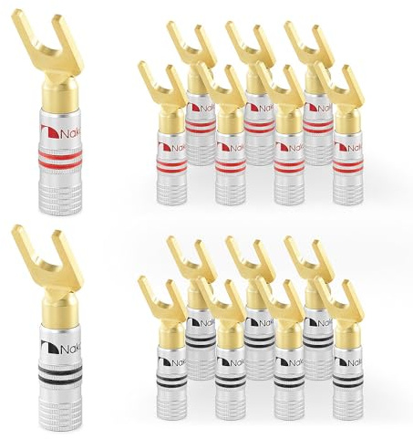 Nakamichi GrubLock 24k Gold Plated Spade Y Banana Plugs Audio, 10-18 AWG | Excel Series, Gauge Size 4mm for Speakers Amplifier Stereo Home Theatre Hi-Fi Wire Cable, Screw Connector, 16 Pcs (8-Pairs)
