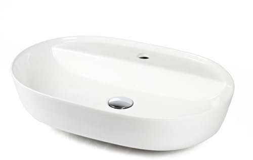 Keramik Aufsatz Waschbecken Oval 600 x 420 x 135 mm Anschlussset weiß mit Ablage