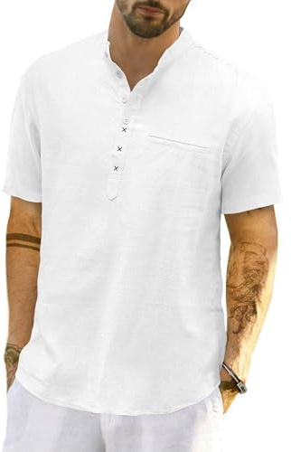 LVCBL Hommes Casual Coton Lin Manches Courtes Henley Chemise Été Léger Col Banded Haut Plage Hauts M-3XL, Blanc., M