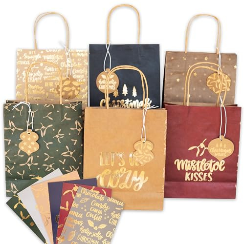 Papierdrachen Geschenktüten Weihnachten groß - 6 Stück - bunt mit Goldfolie - 22×18×8 cm - inkl. 6 Karten & Anhänger - Henkeltüten Geschenkverpackung