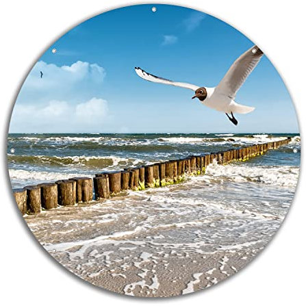Wallario rundes Outdoor-Poster für Garten oder Balkon Fliegende Möwe am Strand, Motivbanner 60 cm Durchmesser