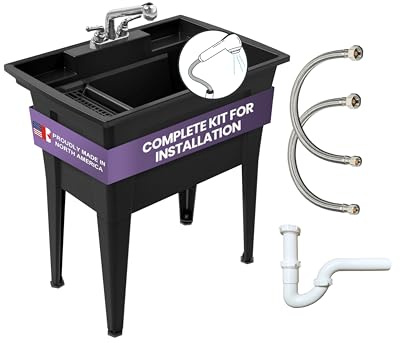 Freestanding Utility Sink with Two Handle Chrome Faucet - 32 Plastic Utility Sink for Garage, Laundry, Indoor and Oudoor Use - Laundry Tub Kit by Noah William Home - Black (25.6 gal)