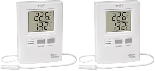 TFA Dostmann Digitales Innen-Außen-Thermometer, funktionales Display, Höchst- und Tiefwerte, Innen - und Außentemperatur, L 62 x B 20 (55) x H 85 mm (Packung mit 2)
