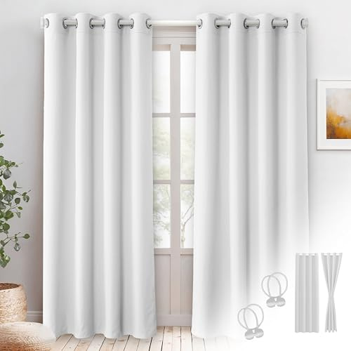 Cozyor Blickdichte Vorhänge Gardinen 2er Set mit Magnet-Raffhalter Thermogardine gegen Kälte, weiß Purity, Gardine mit Ösen für Schlafzimmer, Wohnzimmer, Kinderzimmer 240x135 cm