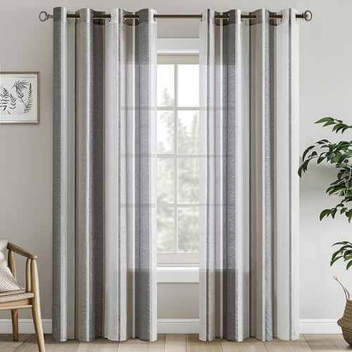 EMEMA Tende con Occhielli 2set Grigio Scuro Righe Trasparente A245xL140cm | Trasparente con occhielli Tende in voile Soggiorno moderno tende Camera da letto con motivo Tenda semitrasparente
