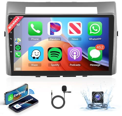 Podofo Inalámbrico Carplay 9'' Radio Coche 2 Din Android Auto para Toyota Corolla Verso AR10 2004-2009 1+32G Bluetooth con Pantalla con Cámara de Visión Trasera AHD HIFI Bluetooth/RDS/Radio FM/DVR/DAB