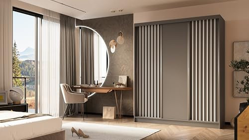 ALTDECOR Kleiderschrank mit furnierten Schiebetüren, kugelgelagerte Führungsschienen und Aluminium-Leisten, LED-Beleuchtung (16 Farben) und Fernbedienung - LABELO - 180 cm Grau + Grau + Weiß