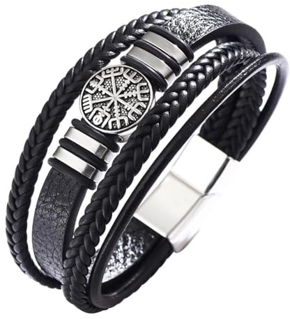 DPGOLDP Wikinger Mehrreihiges Lederarmband mit Vegvisir Perlen Amulett Schmuck Armbänder für Herren Damen(Inklusive Geschenktüte)