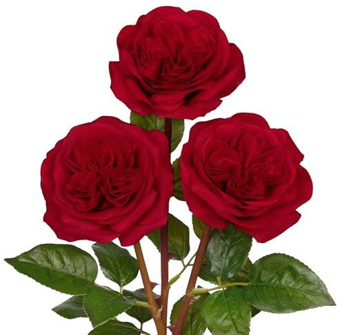 4.7'' Large Artificial Roses - Set of 3 Long-stem Real Touch Silk Flowers, 24.4 Faux Flowers for Home Decor, Wedding Bouquets, Centerpieces & Floral Arrangements – Lifelike Dark Red Fake Roses