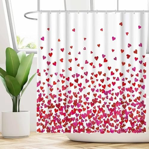 AJALGZ Duschvorhang mit rosa Herzmuster auf weißem Stoff, wasserdicht, Badewannenabtrennung, romantische Badezimmerdekoration für Mädchen, 160 x 240 cm (B x L), 240 cm Länge