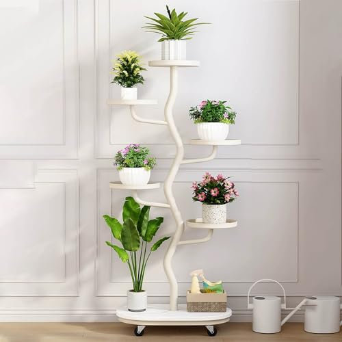 Garten deko pflanzenständer outdoor mit Rädern, balkon Mehrstöckig blumenständer, modern blumentreppe outdoor, Mode blumenbank für innen draußen, für Zimmerecke,Wohnzimmer,Terrasse,Hof.(Wit)