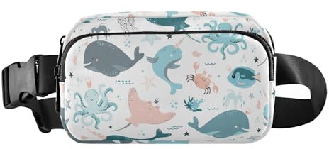 Water Resistant Fanny Pack Waist Bag with Adjustable Strap Fashion Crossbody Bag Anti Theft Waist Pack Fish Whale Slope Crab Jellyfish Women Men Teenagers for Workout Running Hiking, Fish Whale Slope