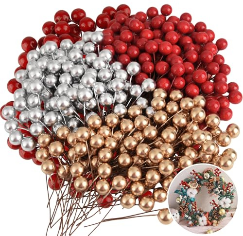 PLULON 300 Stück künstliche Weihnachts-Stechpalmenbeeren, Rot, Gold und Silber, Bastelbedarf für Weihnachtskränze, Weihnachtstisch, Weihnachtsbaumschmuck