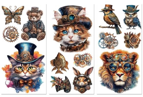 Peacoblue UV DTF Rub-On Transferfolie Möbel-Sticker Steampunk und Tiere Muster 15x30cm, 3 Stk. Wasserfeste Deko-Transferaufkleber für Möbel Gläser Porzellan Wäscheschränke Kommoden Holz Kunststoff