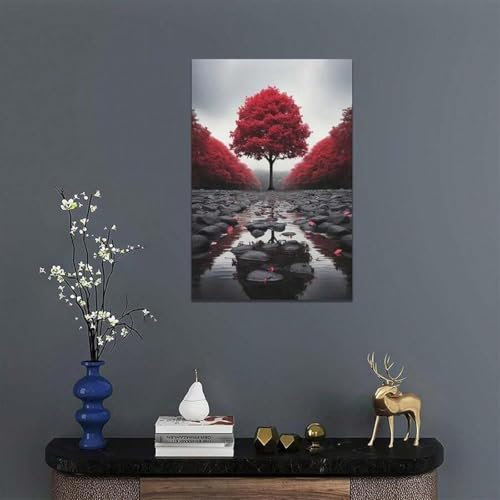 PVPQPR Schwarz-weißer roter Baum als Wandkunst, moderne Landschaft, Naturbilder, Wanddekoration, Steinfluss, Leinwanddrucke, Gemälde, Kunstwerk, 60 x 90 cm (24 x 35 Zoll), mit Rahmen