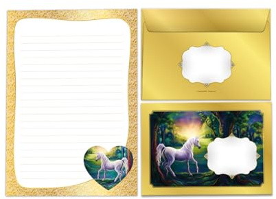 Briefpapier-Set Briefblock mit Umschlag für Mädchen Kindermotiv Einhorn Unicorn Pferd Briefbögenblock liniert (Block A5 mit 25 Blätter + 15 Umschläge)