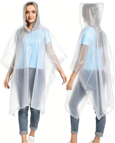 SHOCHX Vattentät regnponcho för vuxna, återanvändbar, lätt regnrock med huva, bärbar nödponcho för familjens utomhusaktiviteter, 2 st, Vitt, one size