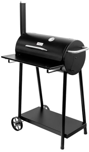 Mega-M trädgård kolgrill | fat med skorsten | termometer | svart | metallhyllor | 115 x 108 x 66 cm
