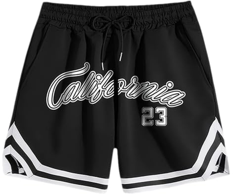 JYukaichen Herren Shorts, Atmungsaktive Basketballhose, Sportshorts Unisex mit Letter-Print, Lockerem Schnitt & verstellbarem Kordelzug–Ideal für Fitness, Alltag & Reise Schwarz S