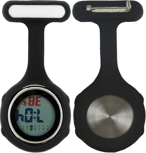 Topzilly Reloj digital de bolsillo para enfermeras, médicos, con pantalla luminosa, cronómetro, alarma, movimiento silencioso, broche de silicona, para profesionales médicos, negro