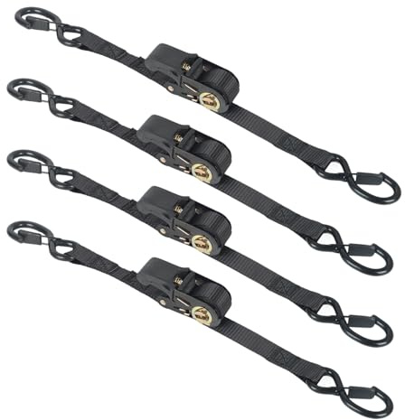 4 cinghie di tensione automatiche con gancio S, avvolgitore automatico monopezzo, 5 m x 25 mm, 340 kg/680 kg, cinghie di tensione retrattili con cricchetto per moto, kayak e camion, nero