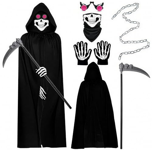 JOYTIX®Set Costume Mietitore Deluxe 6 Pezzi: Mantello con Cappuccio Nero, Falce Luminosa, Occhi LED, Catena Fantasma + Guanti Fluorescenti (XL Taglia (Altezza corporea consigliata 170–190cm))