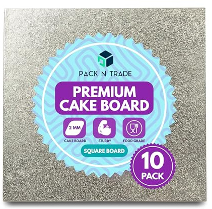 Pack N Trade 12 Inch Square Cake Boards – Pack of 10 Single Thick 2mm Cardboard, Reusable & Sturdy Cake Base for Baking, Decorating, and Display