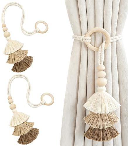 Confezione da 2 Fermatende Boho, Fermatende in Corda di Cotone Naturale, Fermatende con Nappa, Fermatende in Corda Intrecciata a Mano con Anello in Legno per Tende da Finestra per Casa e Ufficio