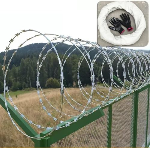 Två spiralblad, stängsel, ståltråd Galvaniserat stålstängsel av raktråd 10m