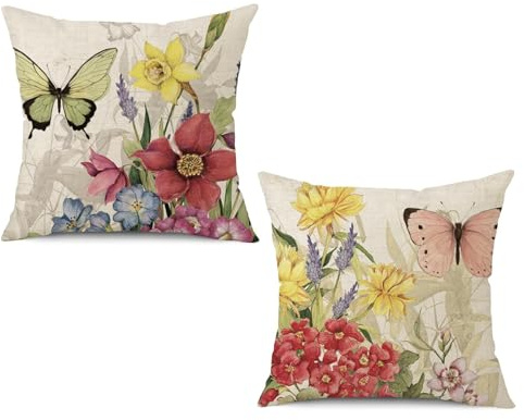 PPGGOPP Set di 2 Federe per Cuscini con Fiori 45 x 45 CM Copricuscini Floreale Primaverile Fodere per Cuscini Poliestere Biancheria Federa Primaverile Fodera per Divano Camera da Letto Soggiorno (D)