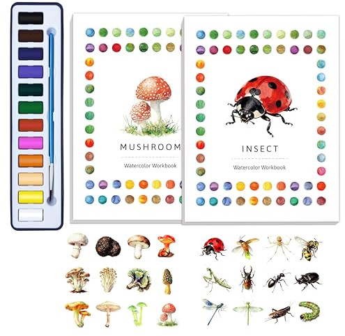 CraftyManor 2Pcs Watercolor Workbook Creative Water Color Paint Book Set with Paints & Brush, 12 Patterns of Original DIY Designs, Beginner-Friendly Adult Coloring Books (Insect & Mushroom)