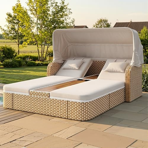 Merax Polyrattan 2 Personen mit Markise, Rattan Gartenliege mit Verstellbarer Rückenlehne & Getränkehalter, wetterfeste Doppelliege Garten für Terrasse, Balkon & Garten, Beige