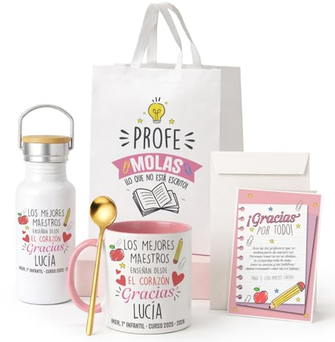 Kembilove® Pack Regalo Profesora Fin de Curso Personalizado – Taza + Botella + Bolsa – Kit Completo Emocional y Original – Regalo de Alumnos y Padres