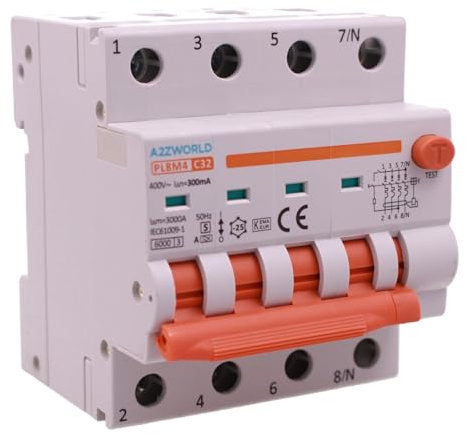 RCBO Selettivo Trifase 4P Veri, Tipo A(S) 300mA 32A C32, Interruttore Magnetotermico Differenziale Tipo S Classe A Curva C 6kA, Ritardo 500ms, 4 Moduli DIN 380V AC,Doppia Leva e Diagnostica Visiva