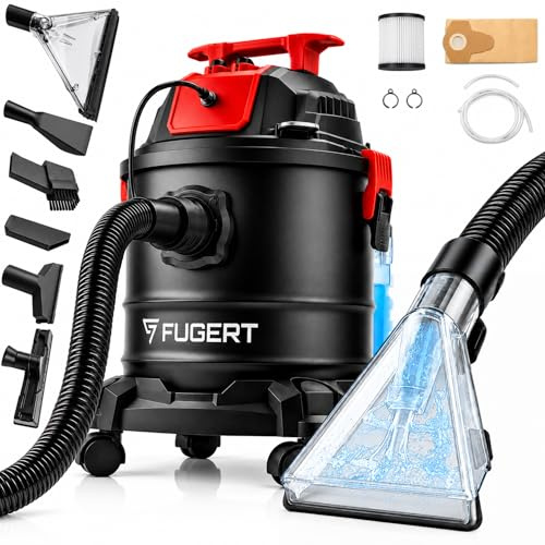 FUGERT Nass Trockensauger 20L, Waschsauger 1300W, Polsterreiniger, Teppichreiniger, 21 kPa, 4L Wassertank, HEPA-Filter, 6 Düsen, für Auto und Werkstatt