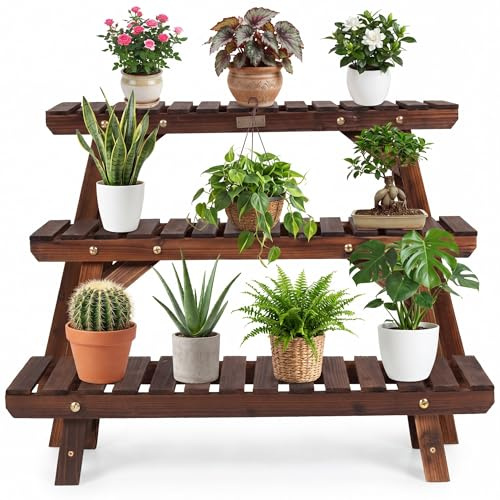 GYMAX Support Plantes Intérieur, Porte Plante en Bois, Étagère à Fleurs | 3 Niveaux, pour Plusieurs Plantes, Indépendant Echelle Escalier, Charge 10KG par Niveau, pour Jardin, Terrasse et Balcon