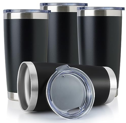 DOMICARE 20oz Stainless Steel Tumbler Bulk with Lid, Double Wall Vacuum Insulated Travel Mug, Powder Coated Coffee Cup, Powder Black, 4 Pack