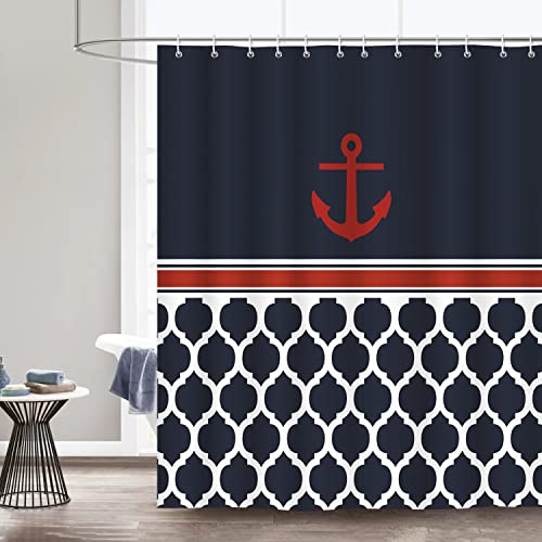 Bonhause Nautical Anchor Shower Curtain, Navy Blue Strip Geometric Bathroom Curtain 72 x 72 Inch Polyester Fabric Waterproof Bath Curtain with 12 Hooks