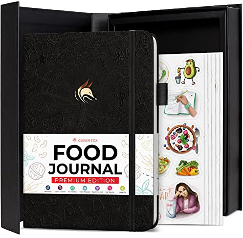 Clever Fox Food Journal Premium – daglig måltidsspårning logg med kalorispårare – näring, kost, viktminskning och bariatrisk dagbok (svart)