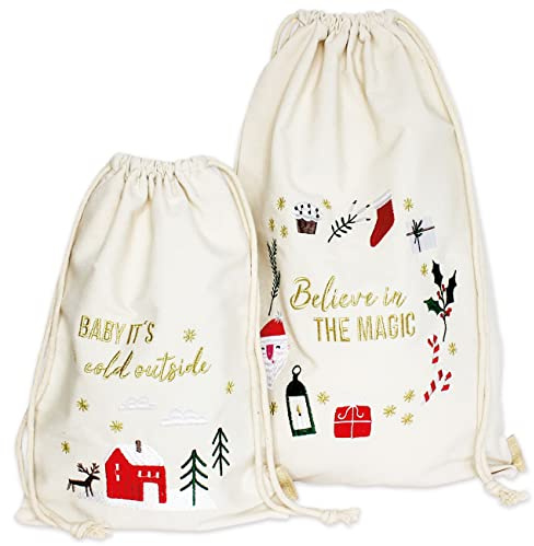 Papierdrachen Geschenkverpackung Weihnachten 2025 - Stoffbeutel - Set - 2 Größen - beige - mit bunter Stickerei - wiederverwendbar zum Befüllen