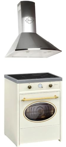 GURARI Herdset GCH E 612 Cr r + GCH C 46 IS 6, Retro Induktions Standherd 60 cm, Range Coocker, 60 L, Creme + Dunstabzugshaube 60 cm, Wandhaube, Edelstahl/Inox, Ablufthaube/Umlufthaube, 1000m3/h