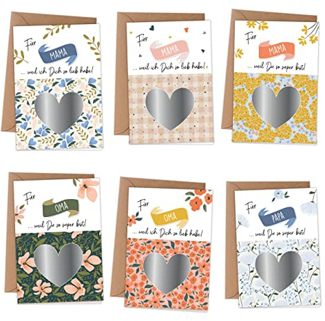 Pappersdrakar 6 vikta kort för skrapning till mors dag – med 6 kuvert och matchande dekorativa klistermärken – blommig – set 01