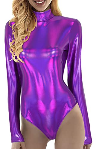 Damen Glänzende Ballettanzug Ballettbody Sport Tanz Body Gymnastikanzug Trikot Langarm Bodysuit Metallic Wetlook Einteiler Turnanzug Leotards Overall Lack Leder Oberteile Tops Kostüm
