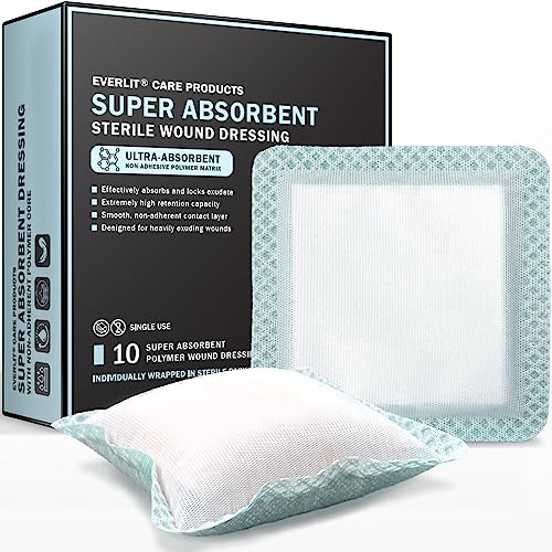 EVERLIT Super Absorbent Dressing for Wound Care | Nonstick Soft Surgical Gauze Pad for Heavily Exuding Wounds | Large Sterile Non-Adhesive Bandage for Fast Healing Wound Care | Pack of 10 (4 x 4)