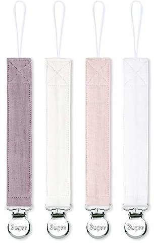Pacifier Clip for Baby Boy and Girl - Linen Soft Fabric Pacifier Hold with Clip for Binky, Leash Soothie Holder Unisex 4 Pack (Pink）