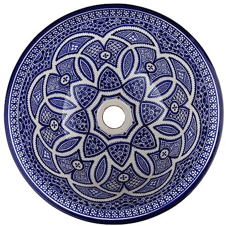 Fati – Lavabo marroquí pintado a mano de cerámica – Cerames | Lavabo empotrable 40 x 16 cm | Lavabo redondo para cuarto de baño inodoro de invitados
