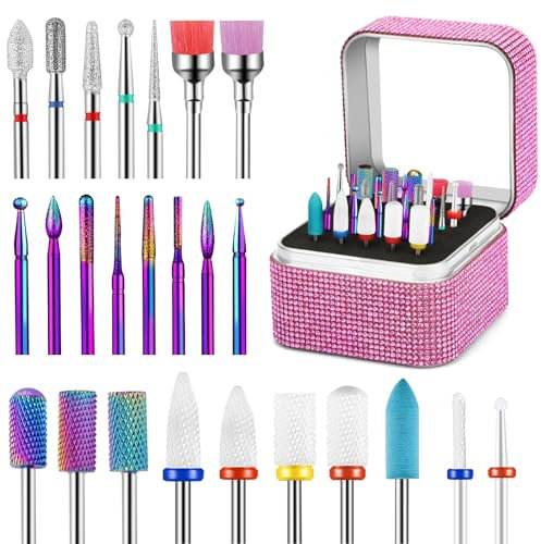 25 Fresas/Brocas para Torno de Uñas Profesional con Estuche Estrás - Kit 3 en 1 (Diamante, Cerámica, Carburo) para Remover Gel/Acrílico - Manicura y Pedicura en Casa o Salón